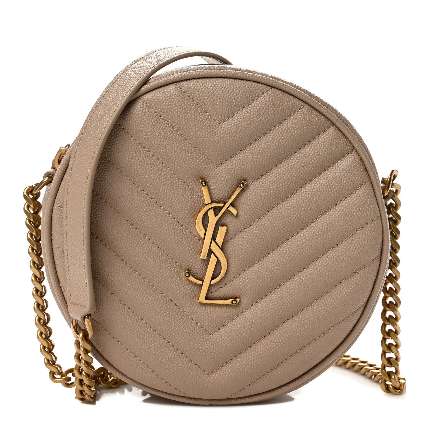 Saint Laurent Grain De Poudre Matelasse Chevron Quilted Round Vinyle Camera Bag Dark Beige 1 of 9