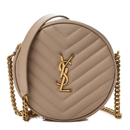 Saint Laurent Grain De Poudre Matelasse Chevron Quilted Round Vinyle Camera Bag Dark Beige 1 of 9
