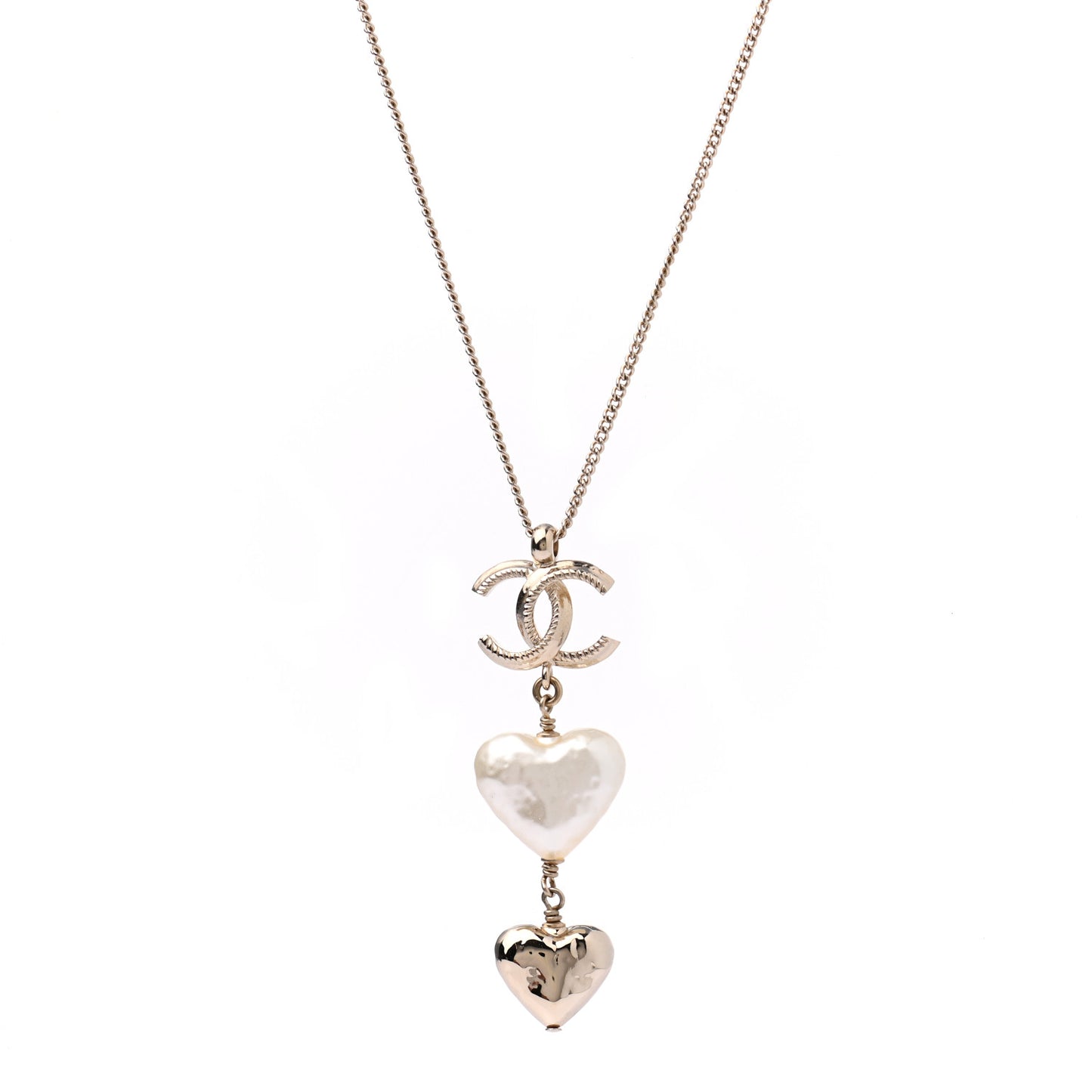 Pearl CC Double Heart Drop Necklace Pearly White Gold