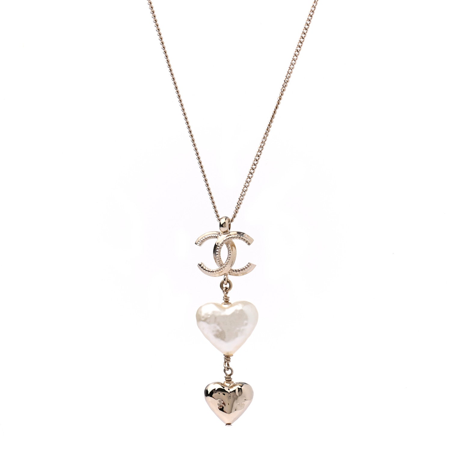 Chanel Pearl CC Double Heart Drop Necklace Pearly White Gold 1 of 5