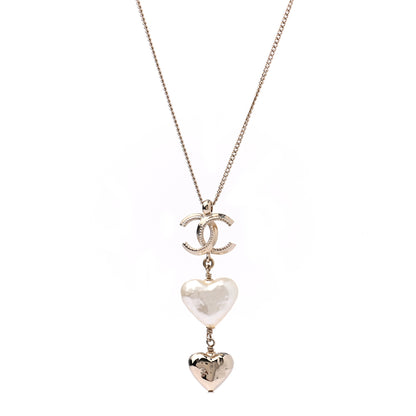 Chanel Pearl CC Double Heart Drop Necklace Pearly White Gold 1 of 5