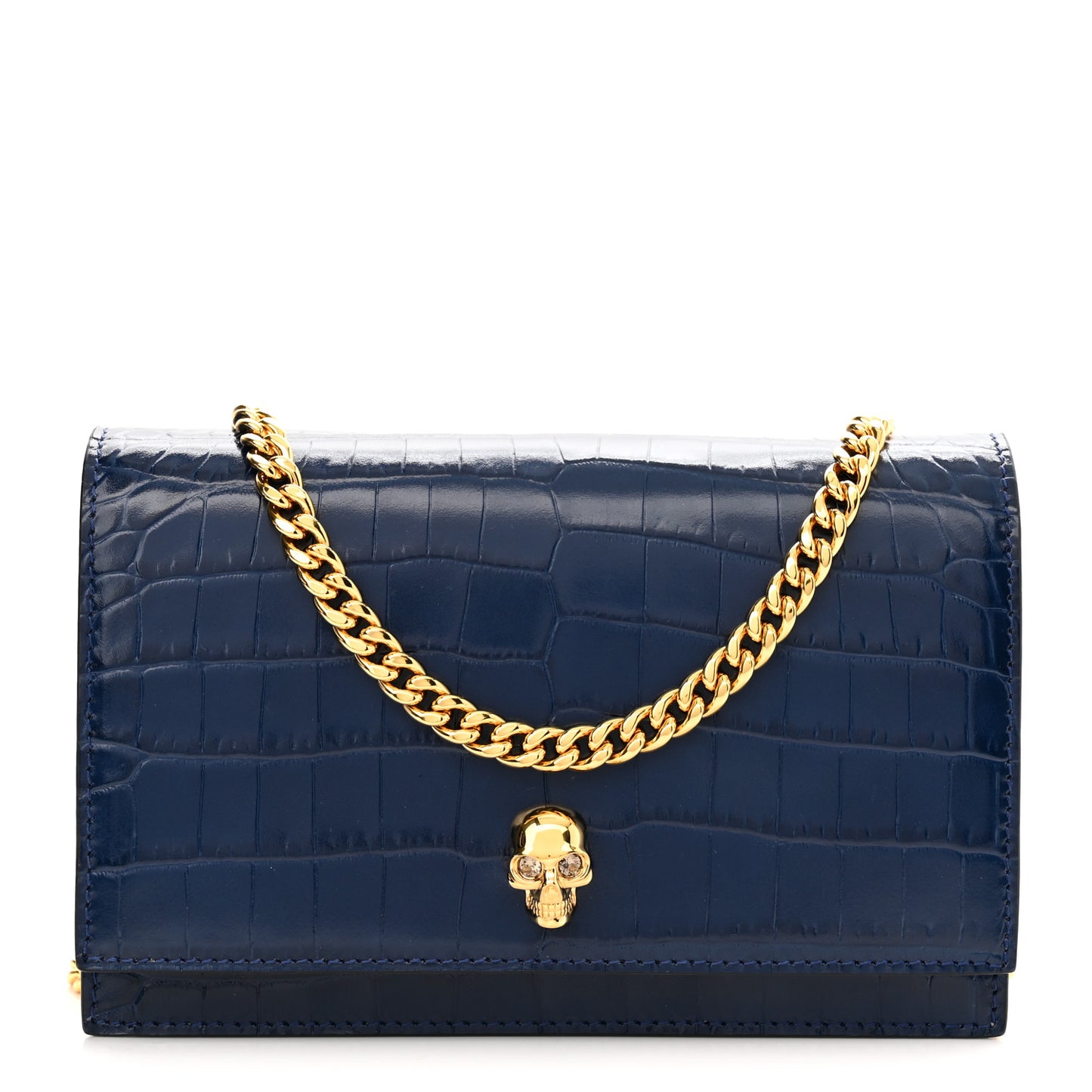 Calfskin Crocodile Embossed Skull Mini Crossbody Bag Deep Lapis Blue