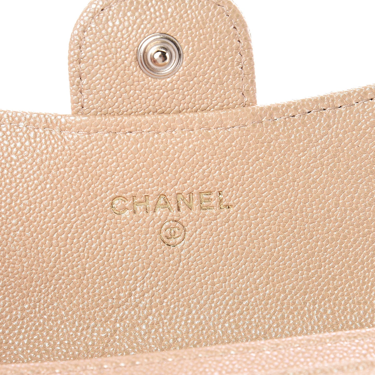 Iridescent Caviar Quilted Flap Card Holder Beige