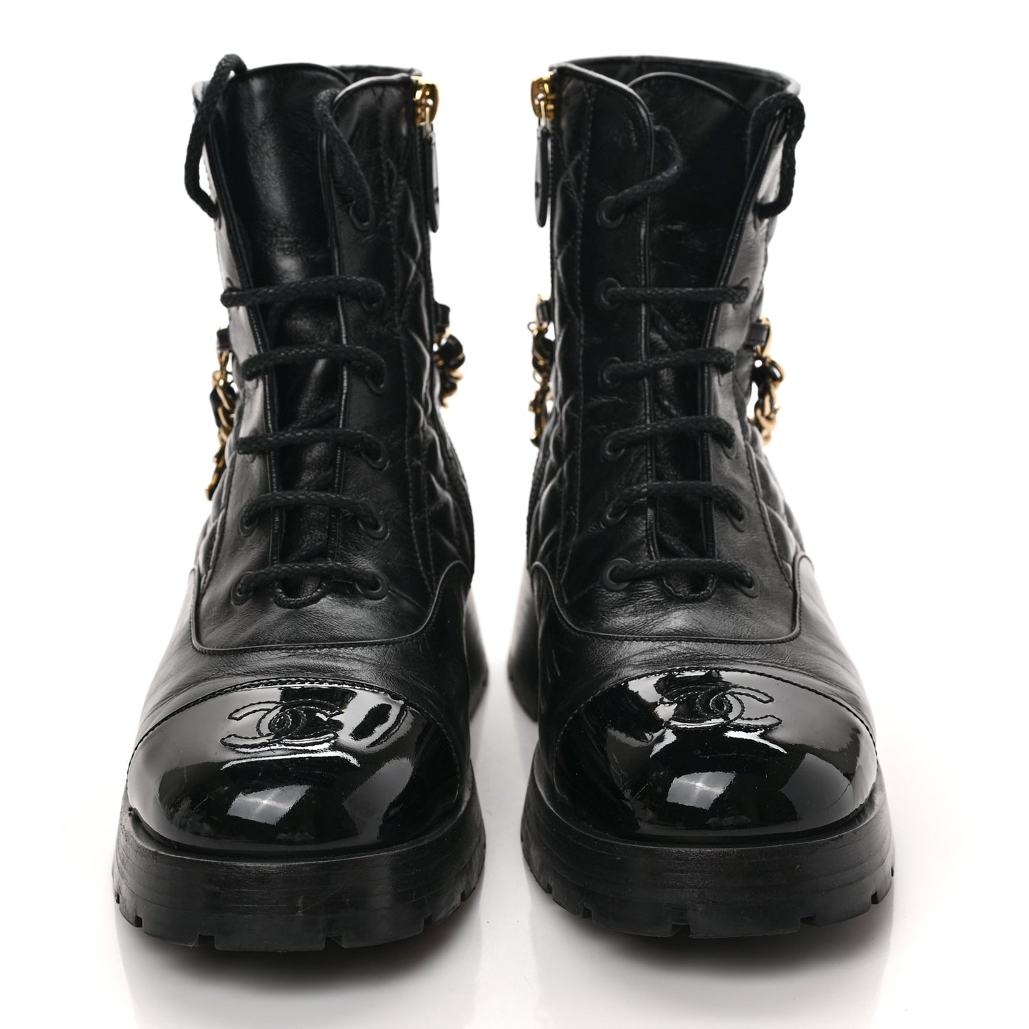 Shiny Calfskin Patent Quilted Chain Lace Up Combat Boots 39 Black