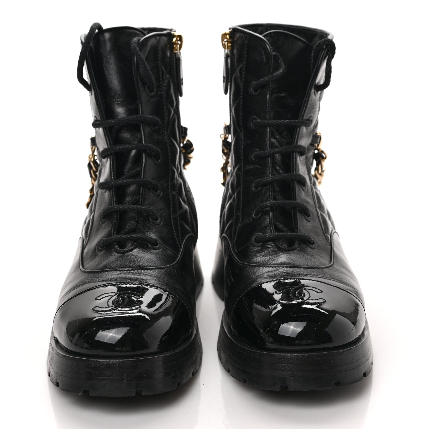 Chanel Shiny Calfskin Patent Quilted Chain Lace Up Combat Boots 39 Black 2 of 8