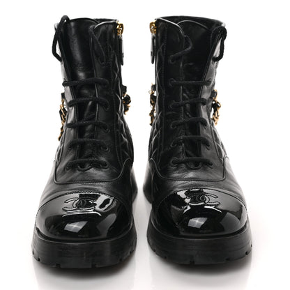 Chanel Shiny Calfskin Patent Quilted Chain Lace Up Combat Boots 39 Black 2 of 8