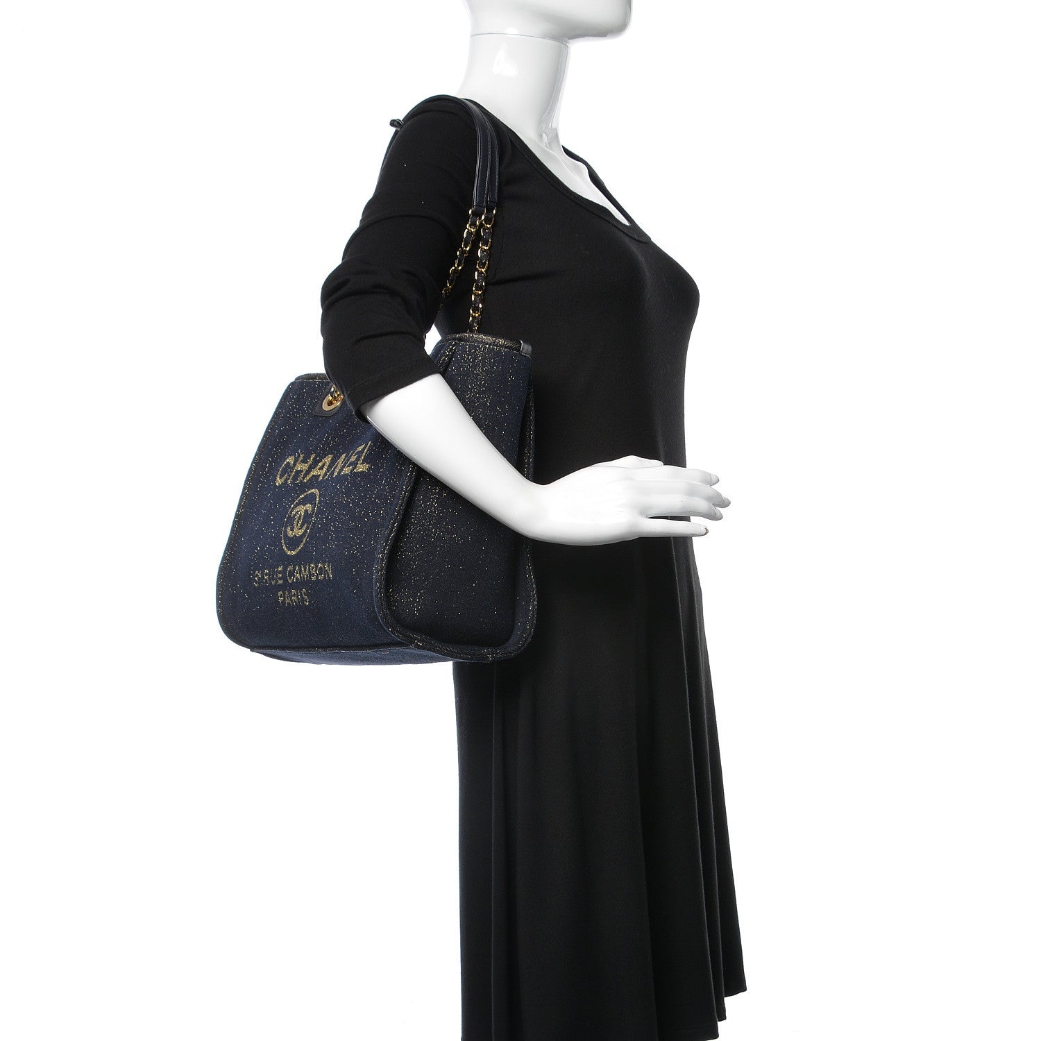 Chanel Lurex Canvas Small Deauville Tote Navy Blue Gold 2 of 10
