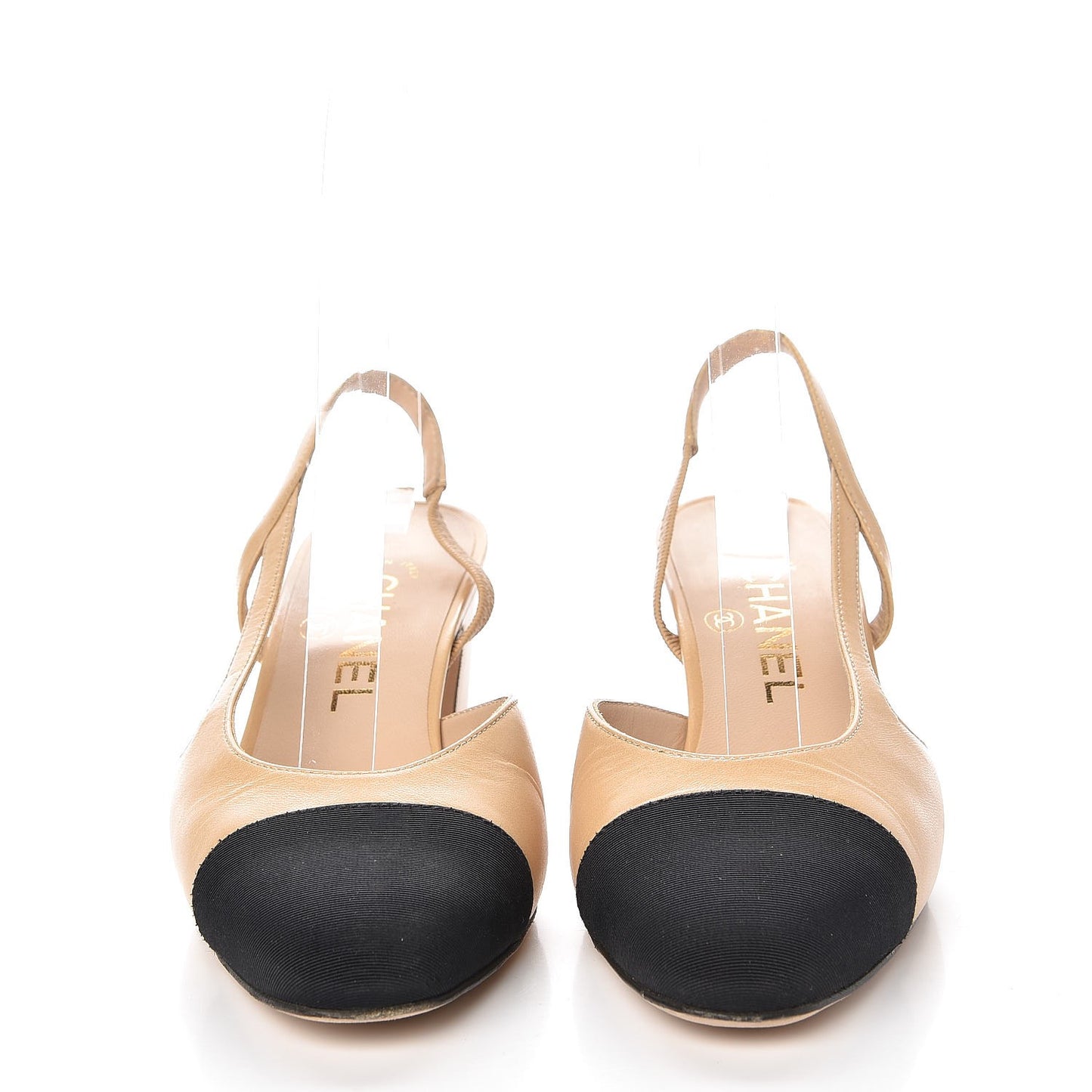 Goatskin Grosgrain Cap Toe CC Slingback Pumps 35.5 Beige Black
