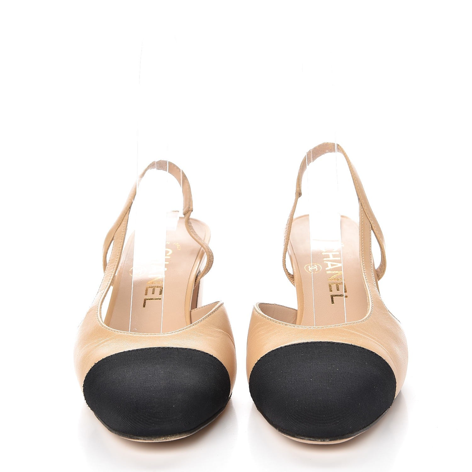 Chanel Goatskin Grosgrain Cap Toe CC Slingback Pumps 35.5 Beige Black 2 of 12