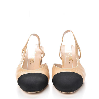 Chanel Goatskin Grosgrain Cap Toe CC Slingback Pumps 35.5 Beige Black 2 of 12