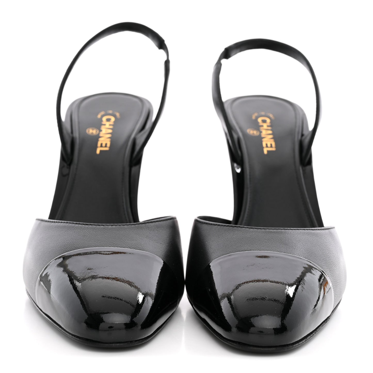 Lambskin Patent Cap Toe CC Apple Slingback Pumps 39 Black