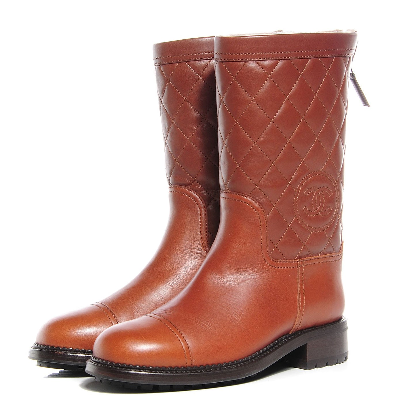 Leather Quilted Shearling Boots 36 Light Brown