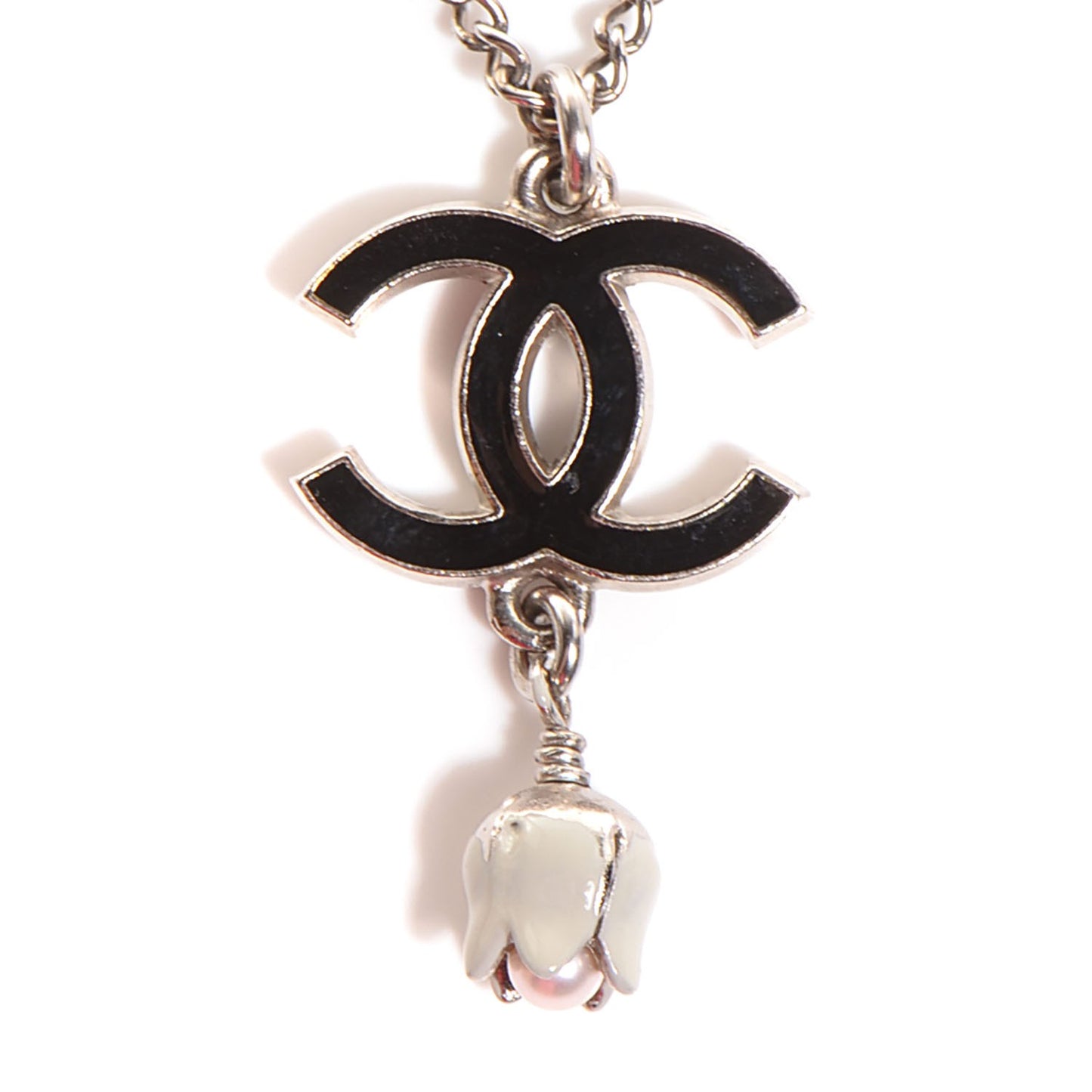 Enamel CC Pearl Necklace Black Silver
