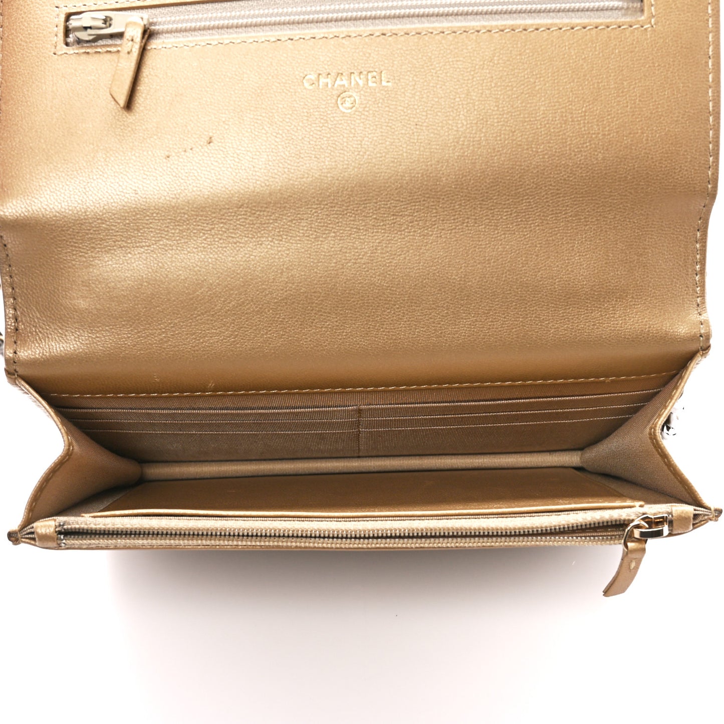 Metallic Goatskin Quilted Chanel 19 Wallet On Chain WOC Gold