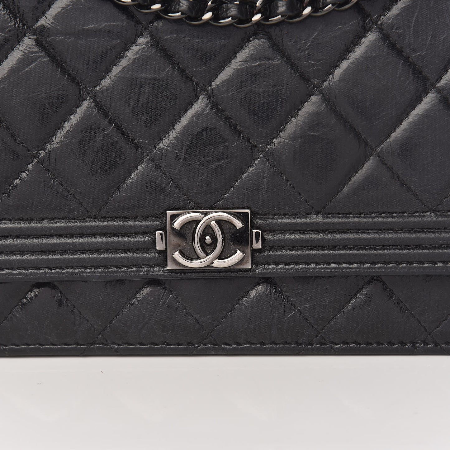 Shiny Aged Calfskin Quilted Boy Wallet On Chain WOC Black