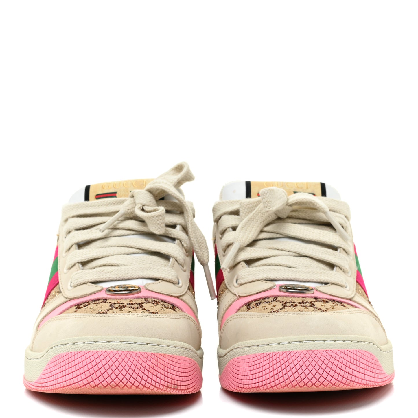 New GG Monogram Nubuck Web Crystal Embellished Womens Screener Sneakers 38.5 Camel Ebony Wild Rose