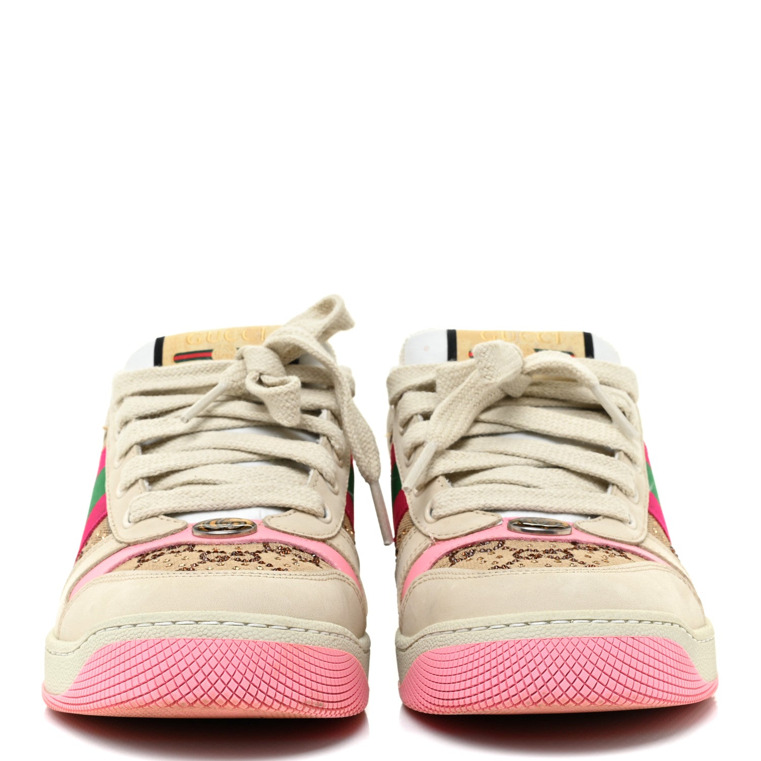 Gucci New GG Monogram Nubuck Web Crystal Embellished Womens Screener Sneakers 38.5 Camel Ebony Wild Rose 2 of 9