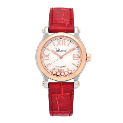 Chopard Stainless Steel 18K Rose Gold Alligator 5 Diamond 30mm Happy Sport Automatic Watch Red 1 of 4