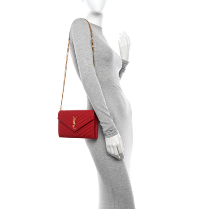 Saint Laurent Grain De Poudre Matelasse Chevron Monogram Chain Wallet New Red 2 of 10