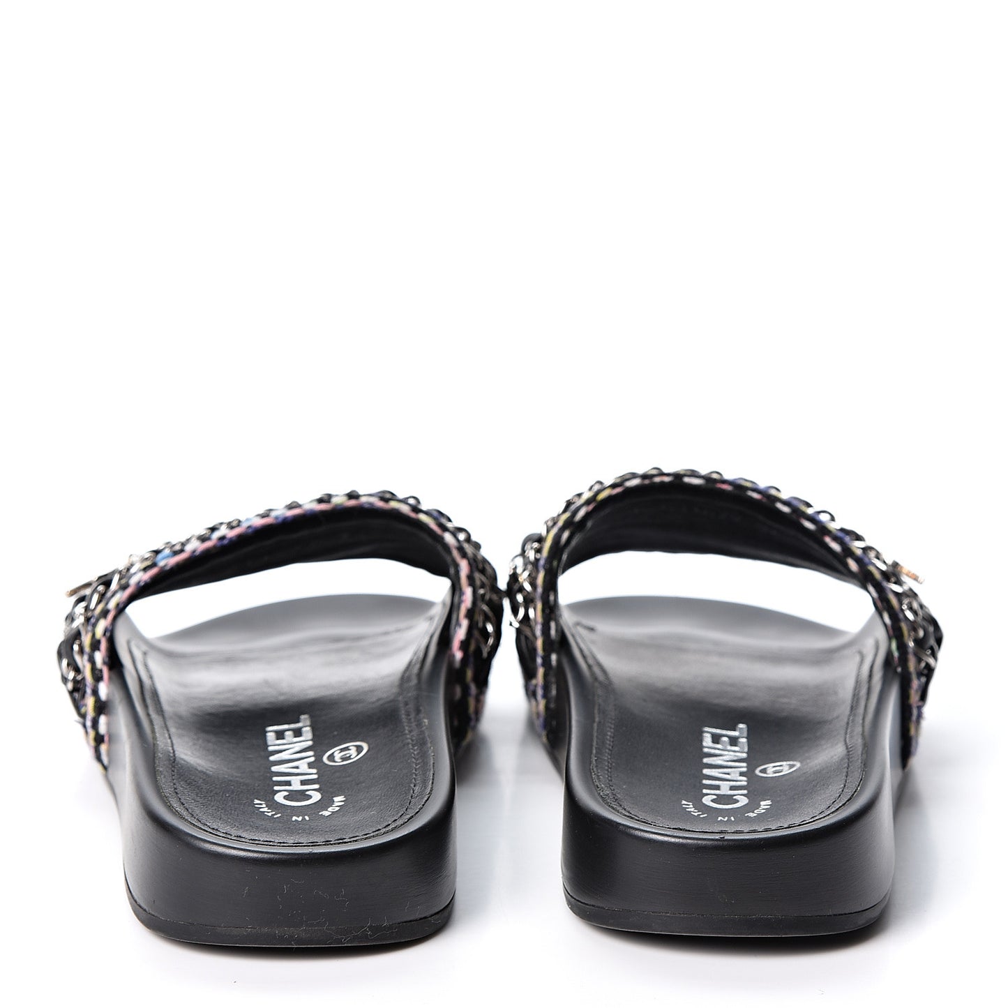 Tweed Lambskin Chain Flat Sandals 34 Black Multicolor