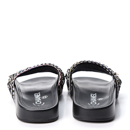 Chanel Tweed Lambskin Chain Flat Sandals 34 Black Multicolor 5 of 10