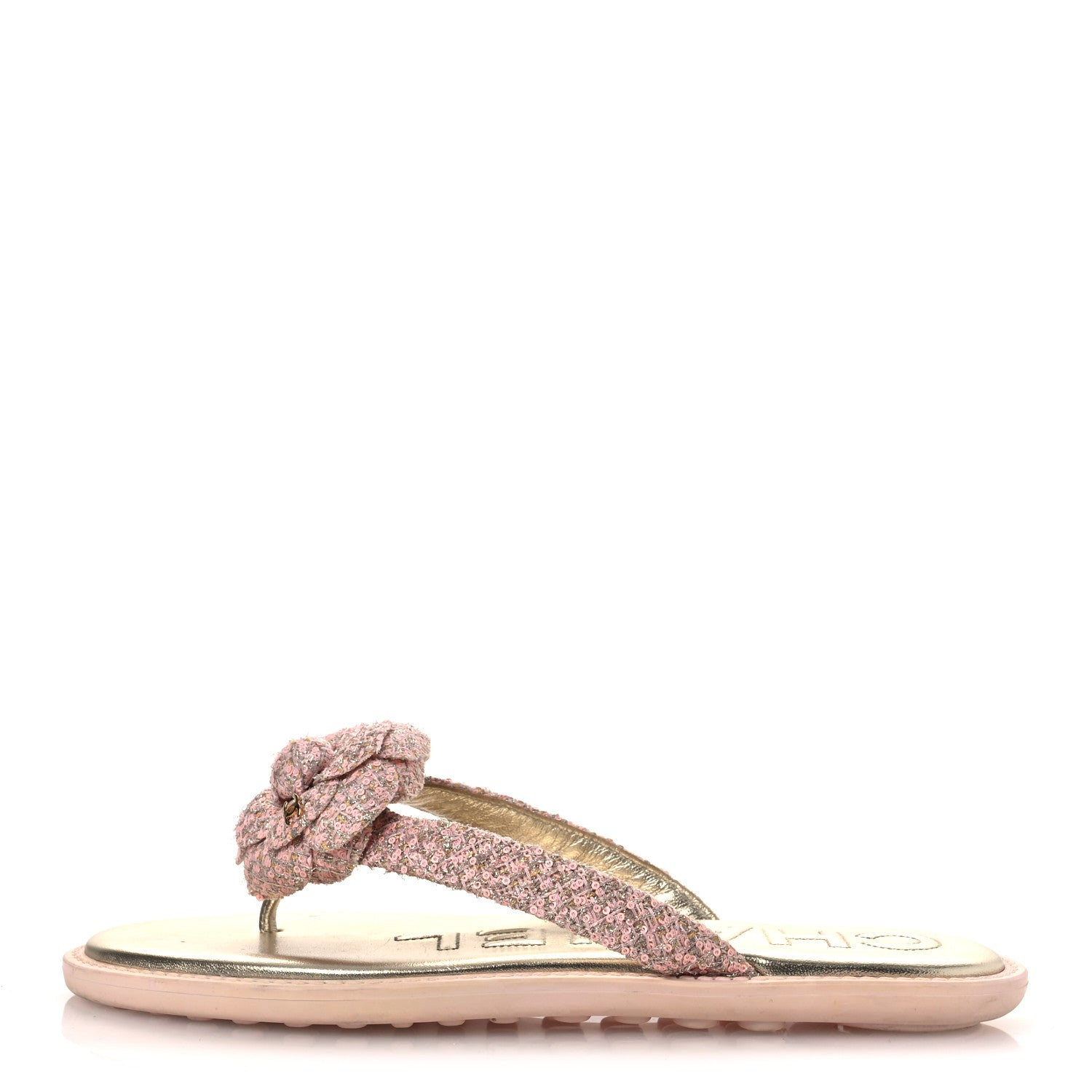 Chanel Tweed Camellia Thong Sandals 37.5 Salmon Apricot Gold 1 of 13