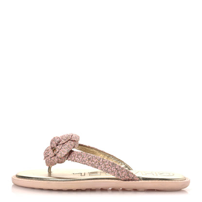 Chanel Tweed Camellia Thong Sandals 37.5 Salmon Apricot Gold 1 of 13