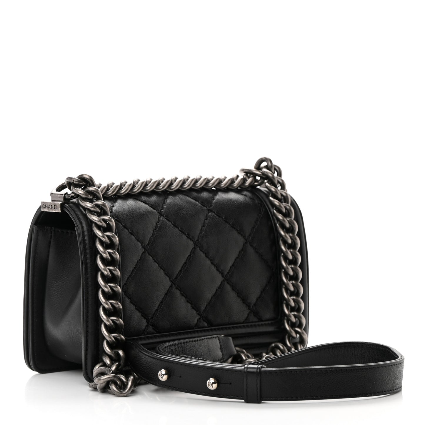 Calfskin Double Stitch Small Boy Flap Black