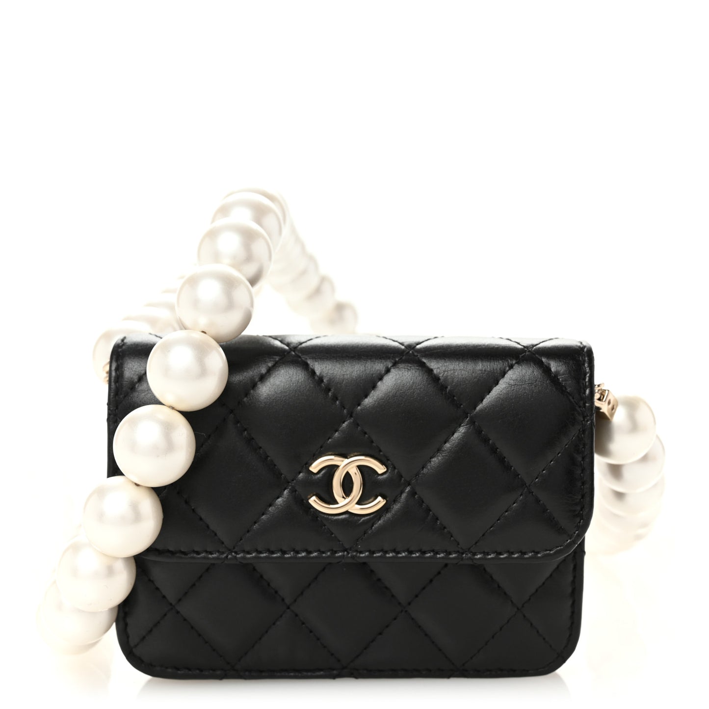 Calfskin Quilted Maxi Pearls Card Holder Flap With Chain Black