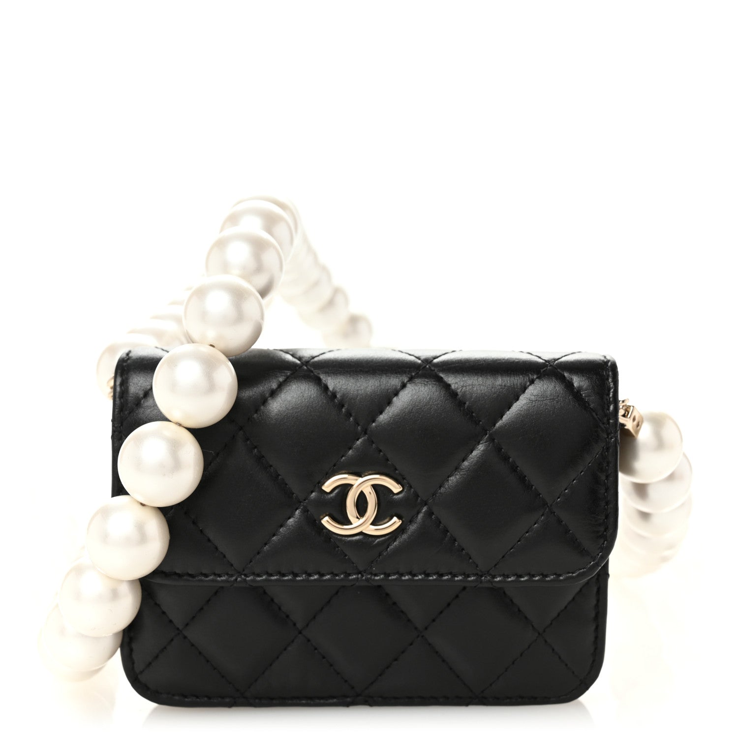Chanel Calfskin Quilted Maxi Pearls Card Holder Flap With Chain Black 1 of 12