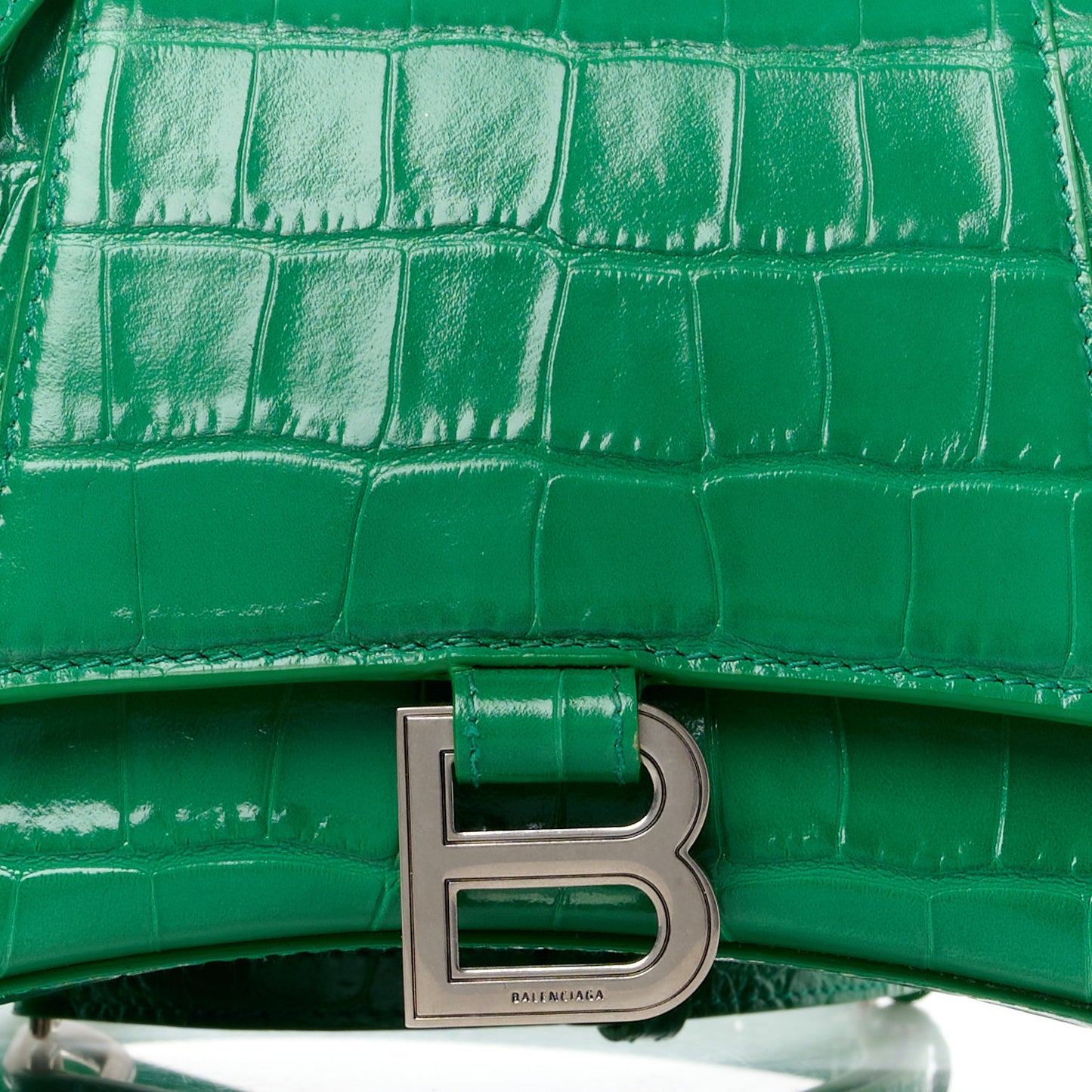 Shiny Calfskin Crocodile Embossed Small Hourglass Top Handle Bag Leaf Green