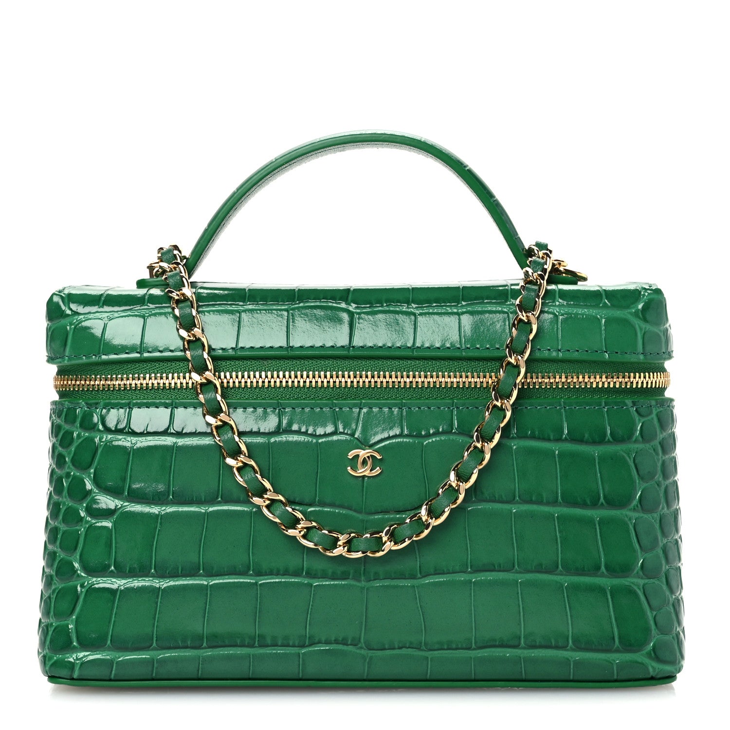 Chanel Calfskin Crocodile Embossed Crococo Top Handle Slim Vanity Case With Chain Green 1 of 11