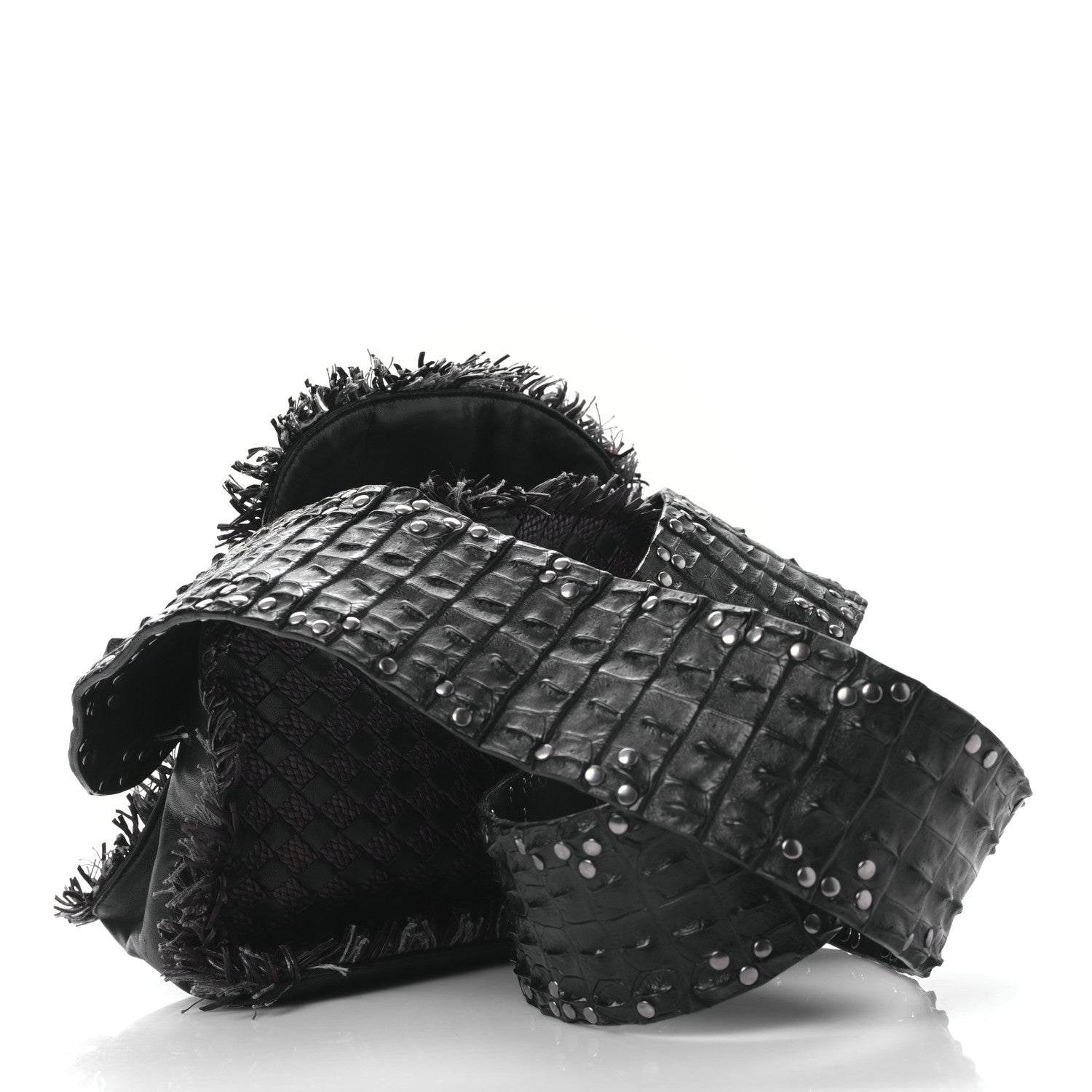 Bottega Veneta Nappa Intrecciato Alligator Fringe Shoulder Bag Black 3 of 8