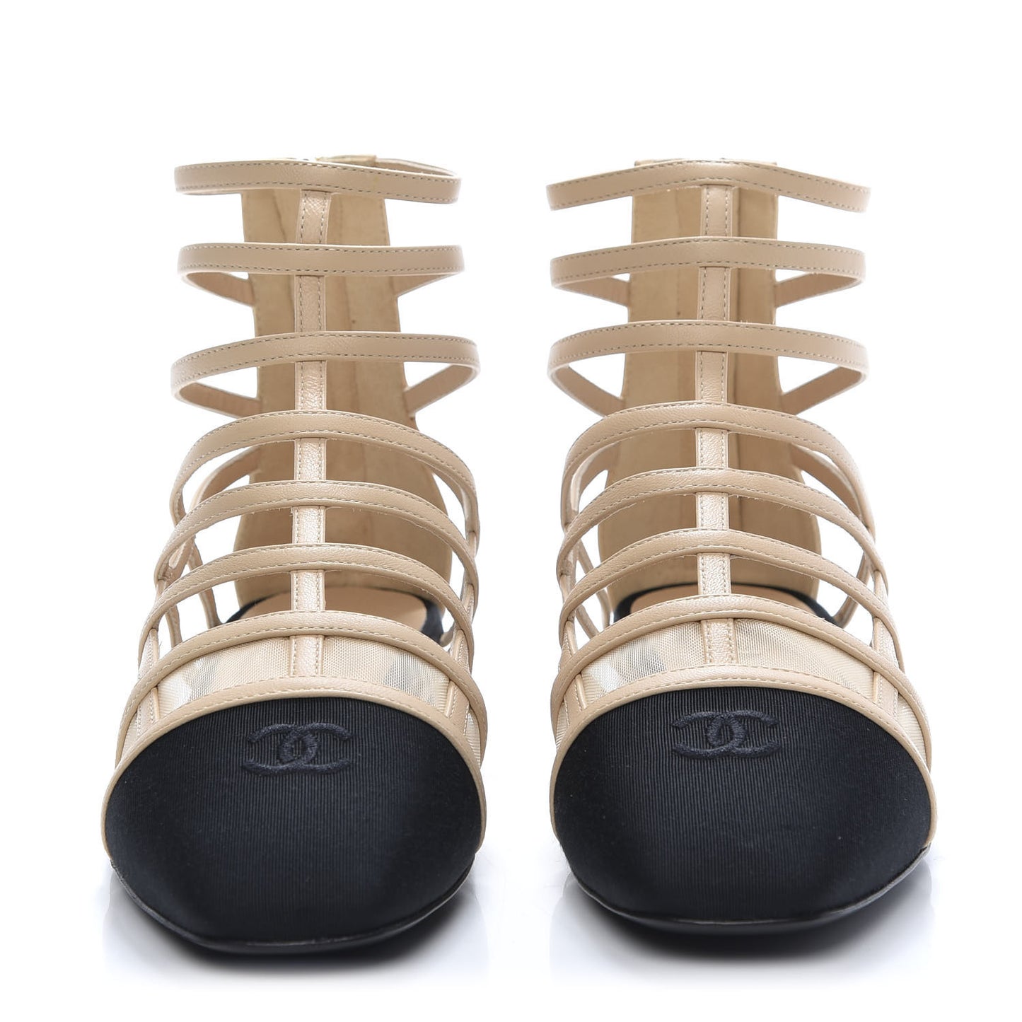 Goatskin Grosgrain Cap Toe CC Gladiator Sandals 37.5 Beige Black