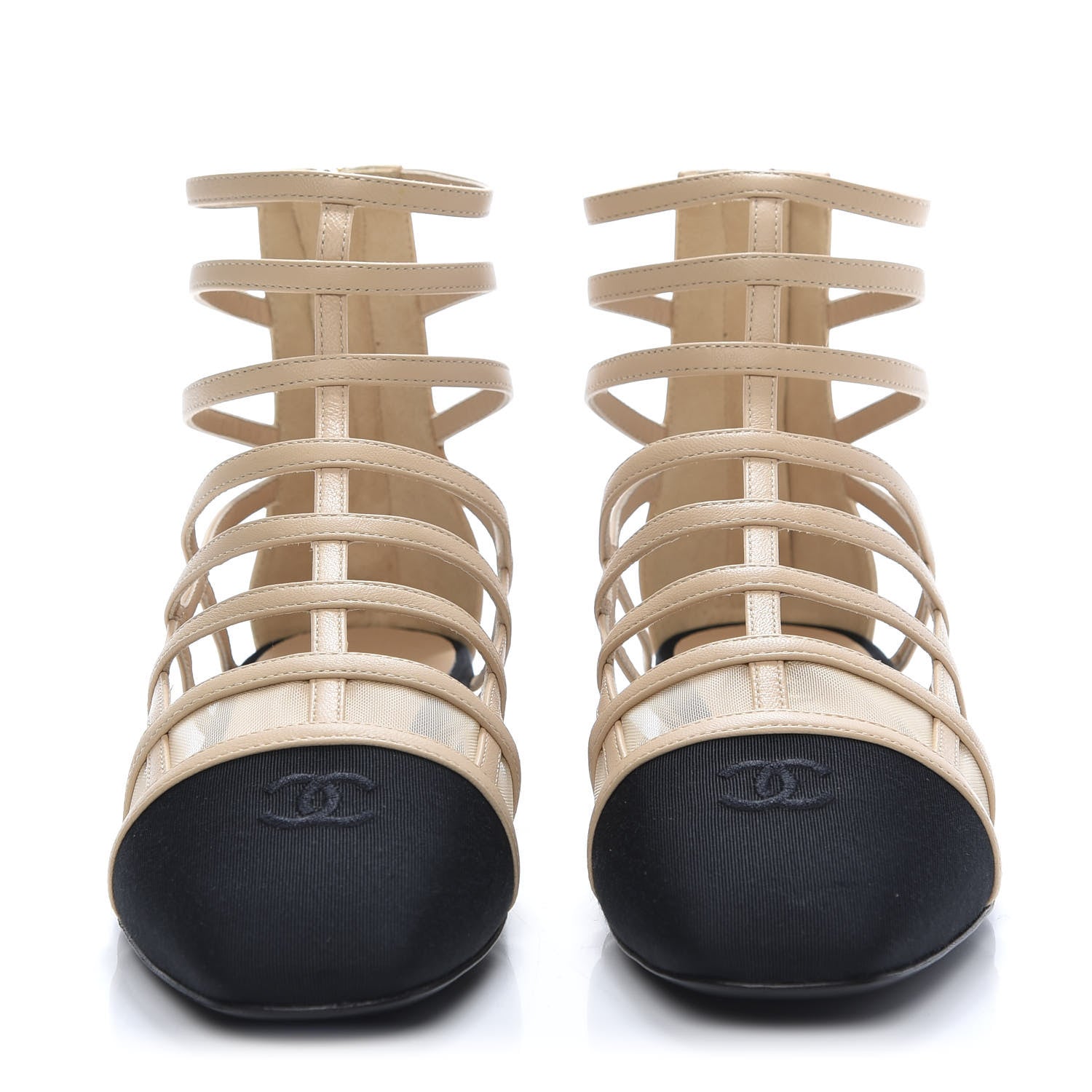 Chanel Goatskin Grosgrain Cap Toe CC Gladiator Sandals 37.5 Beige Black 2 of 9