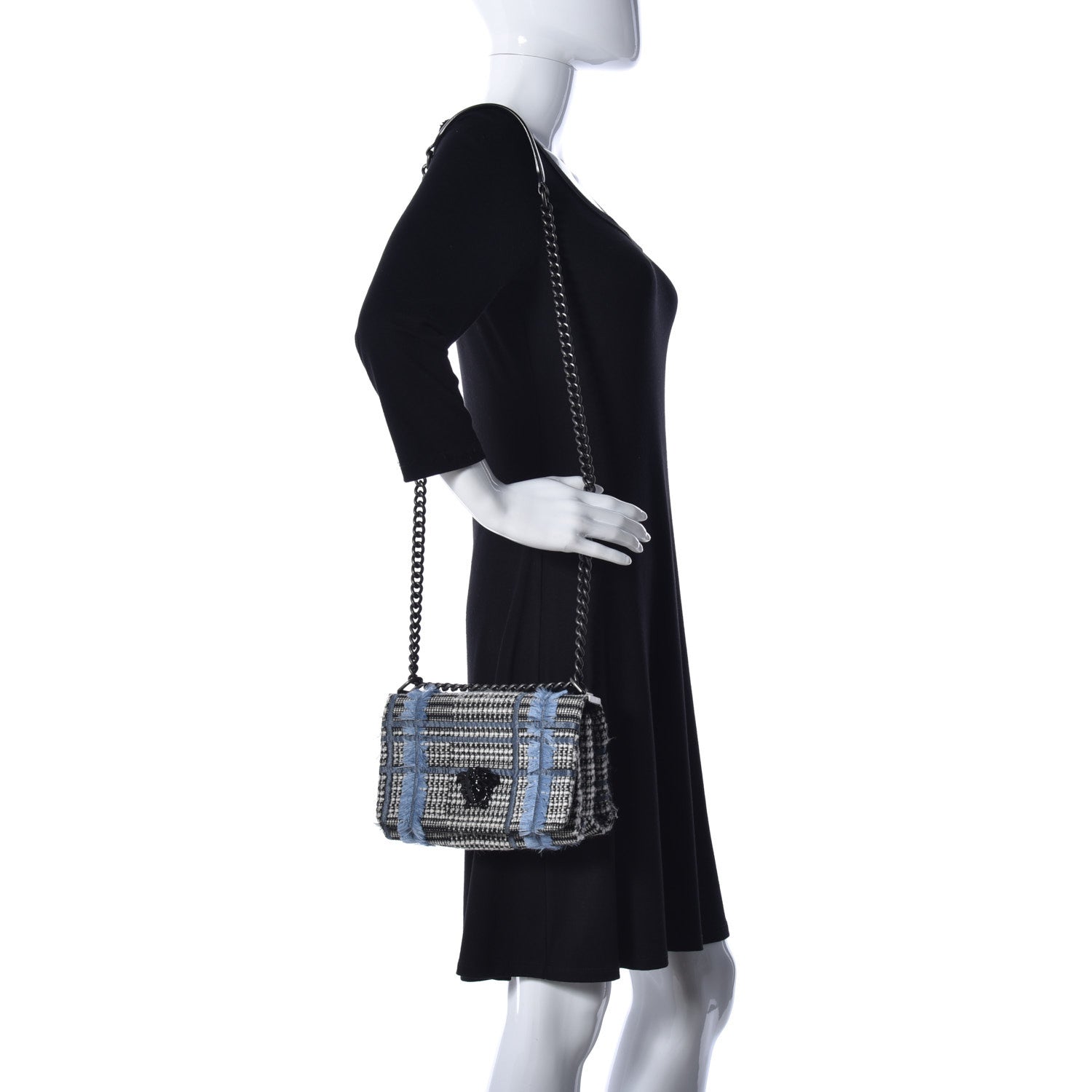 Versace Calfskin Tweed Palazzo Sultan Shoulder Bag Blue Multicolor 2 of 21