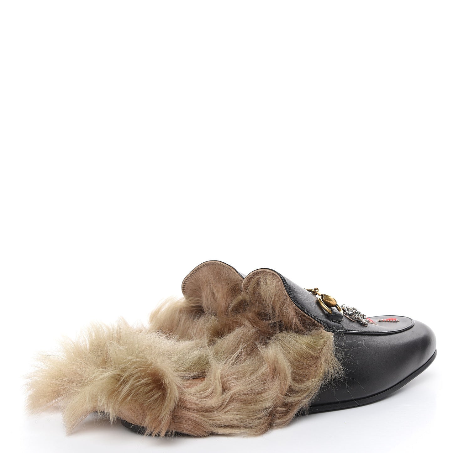 Calfskin Fur Crystal Tiger Embroidered Mens Princetown Slippers 8 Black