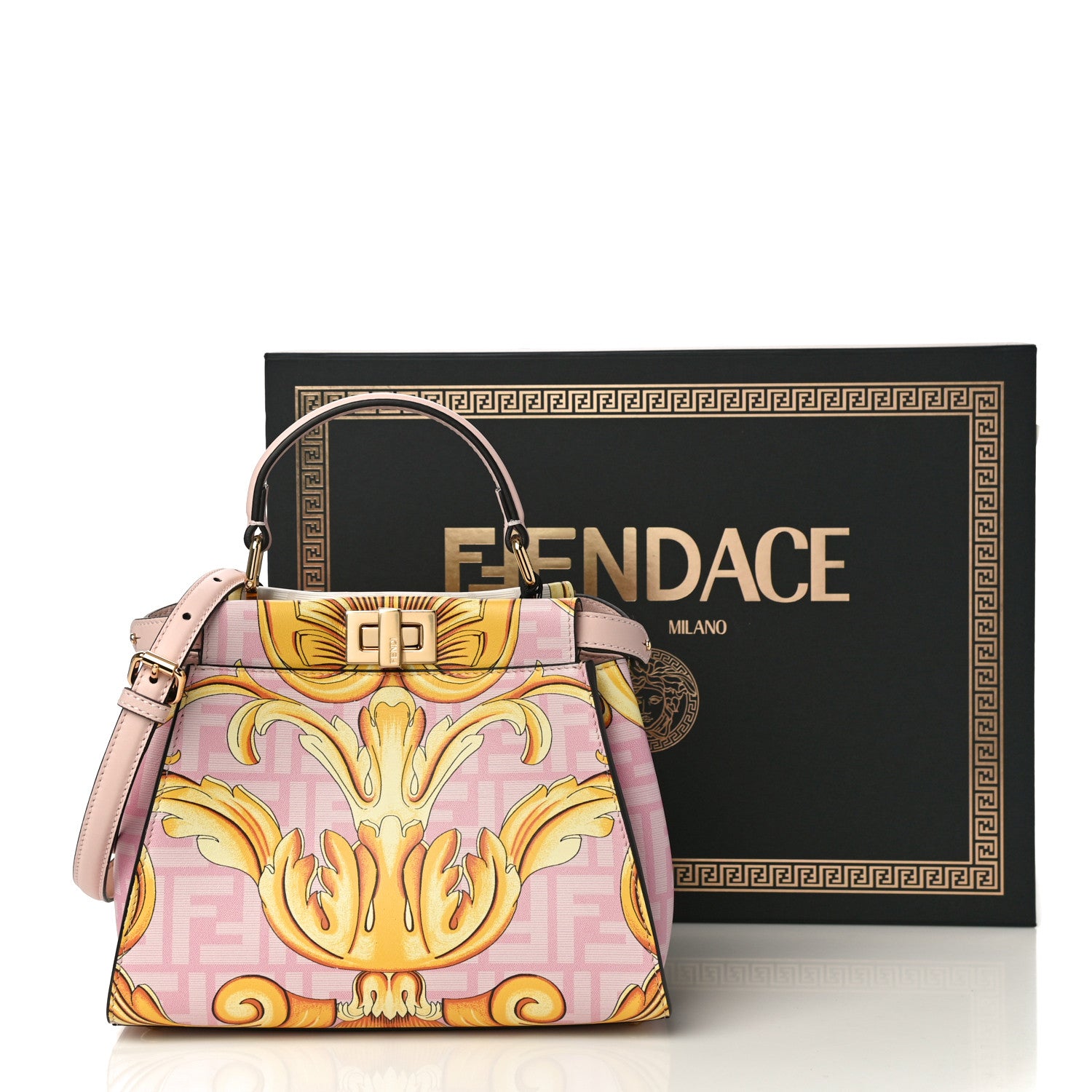 Fendi X VERSACE Vitello Seta Nappa Fendace FF Baroque Mini Peekaboo Iconic Satchel Pink Gold 10 of 10