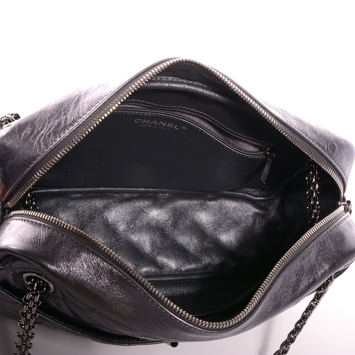 Metallic Aged Calfskin Quilted Medium Reissue Camera Case Dark Silver