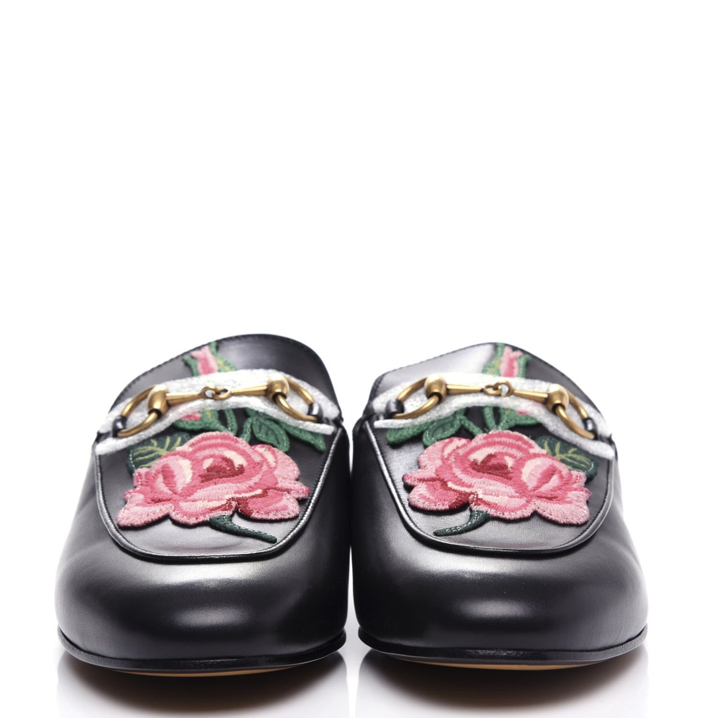 Calfskin Flower Embroidered Princetown Slippers 37 Black