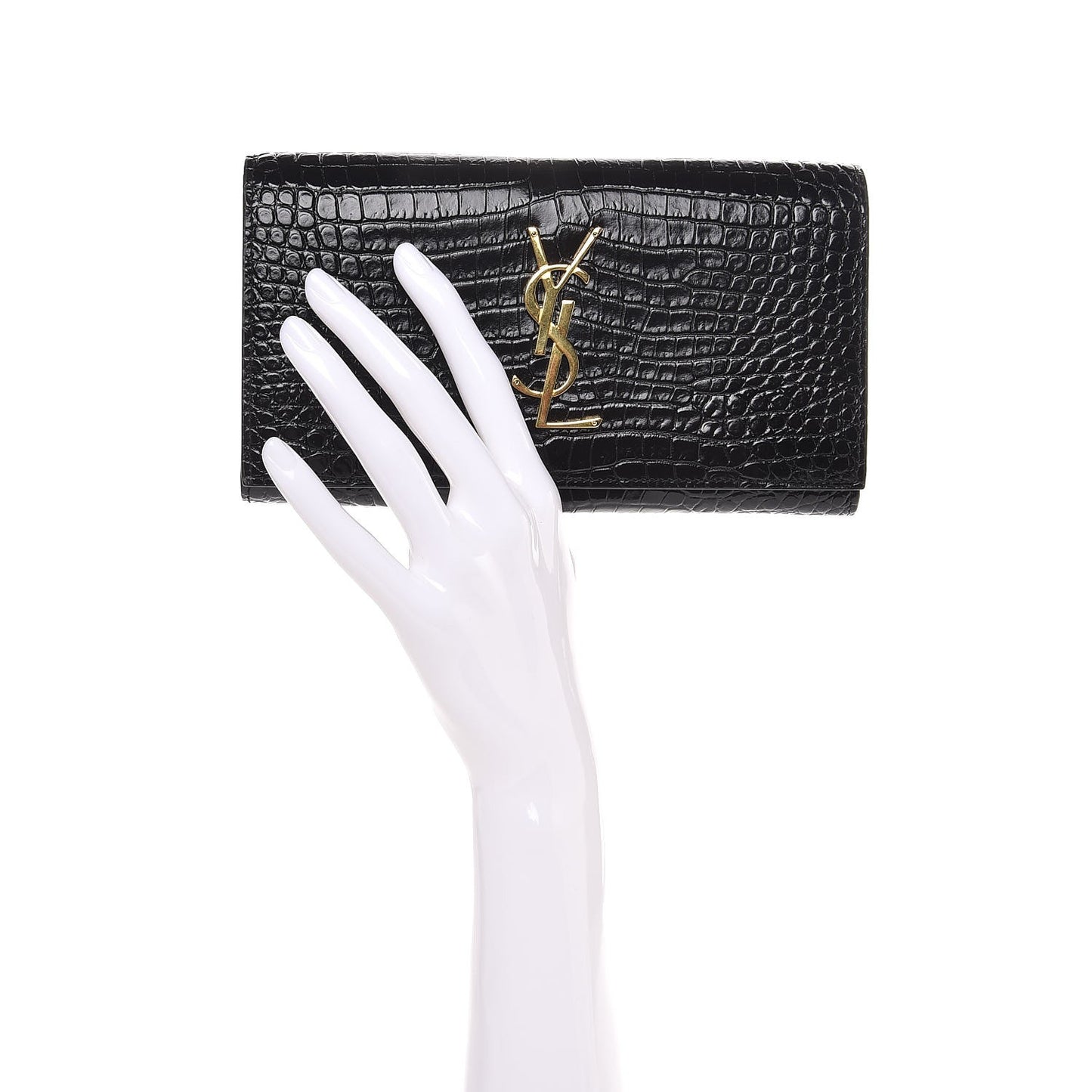 Calfskin Crocodile Embossed Large Monogram Flap Wallet Black