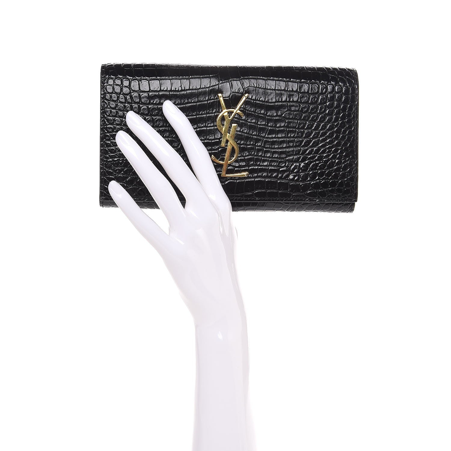 Saint Laurent Calfskin Crocodile Embossed Large Monogram Flap Wallet Black 2 of 8