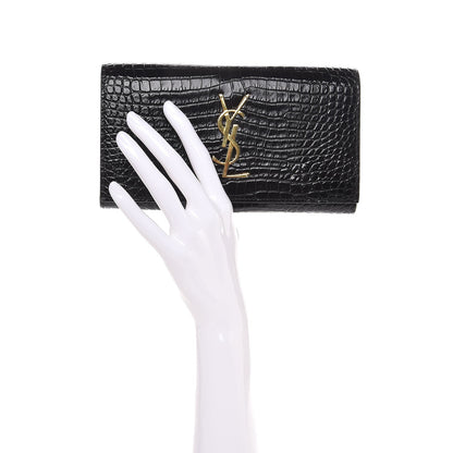 Saint Laurent Calfskin Crocodile Embossed Large Monogram Flap Wallet Black 2 of 8