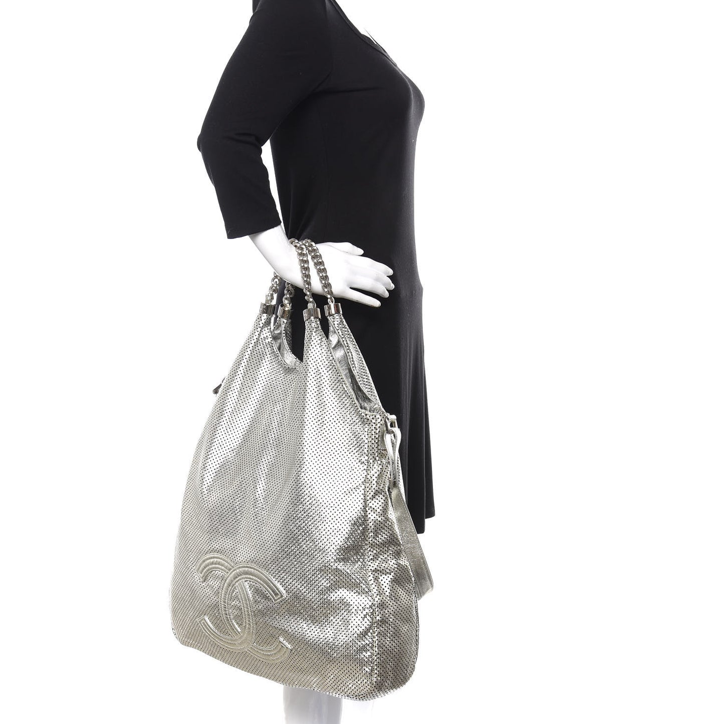 Metallic Glazed Calfskin Perforated Medium Rodeo Drive Tote Silver