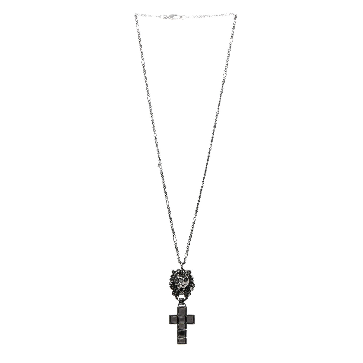 Enamel Brass Lion Head Crucifix Necklace Black