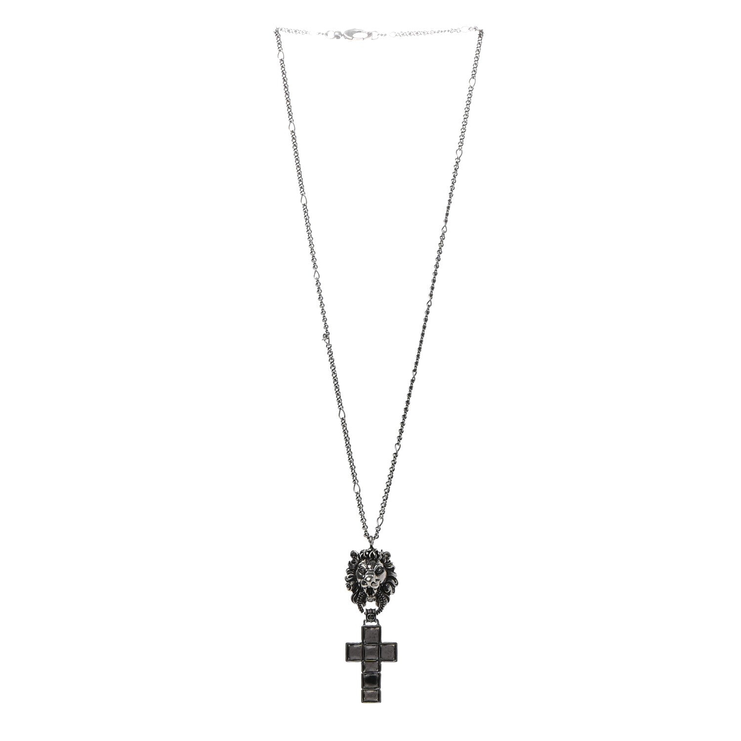Gucci Enamel Brass Lion Head Crucifix Necklace Black 3 of 8