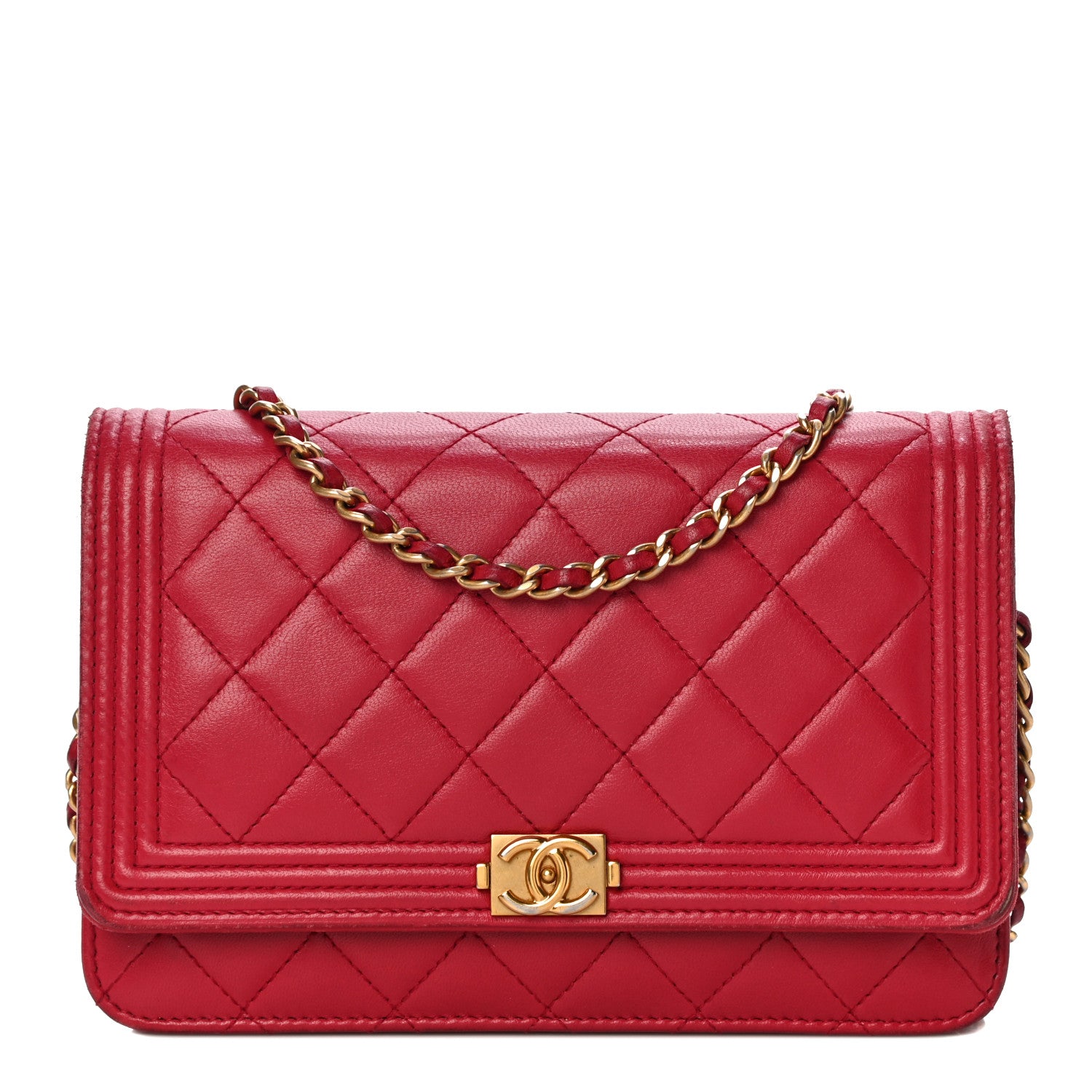 Chanel Lambskin Quilted Boy Wallet On Chain WOC Red 1 of 27