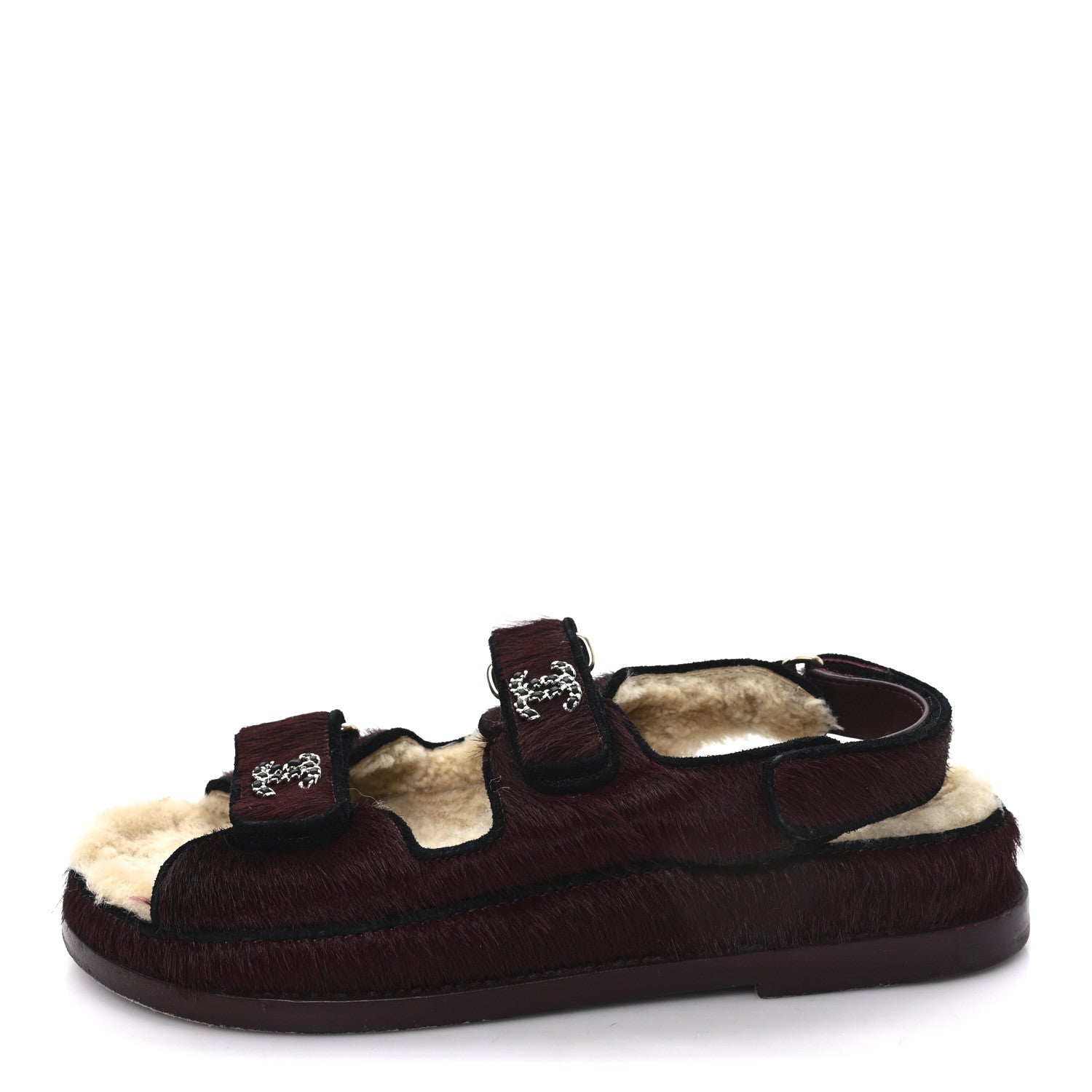 Chanel Calf Hair Suede Shearling Dad Sandals 36.5 Burgundy Black 1 of 9