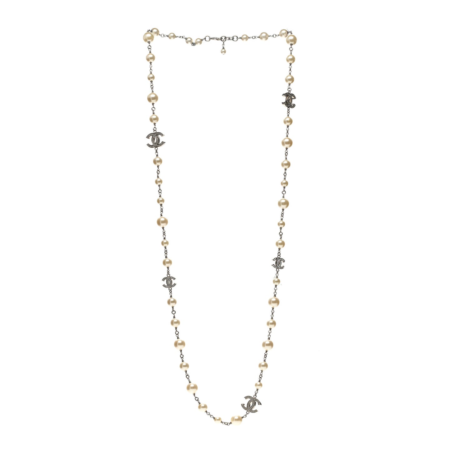Graduated Pearl Crystal CC Long Necklace Silver