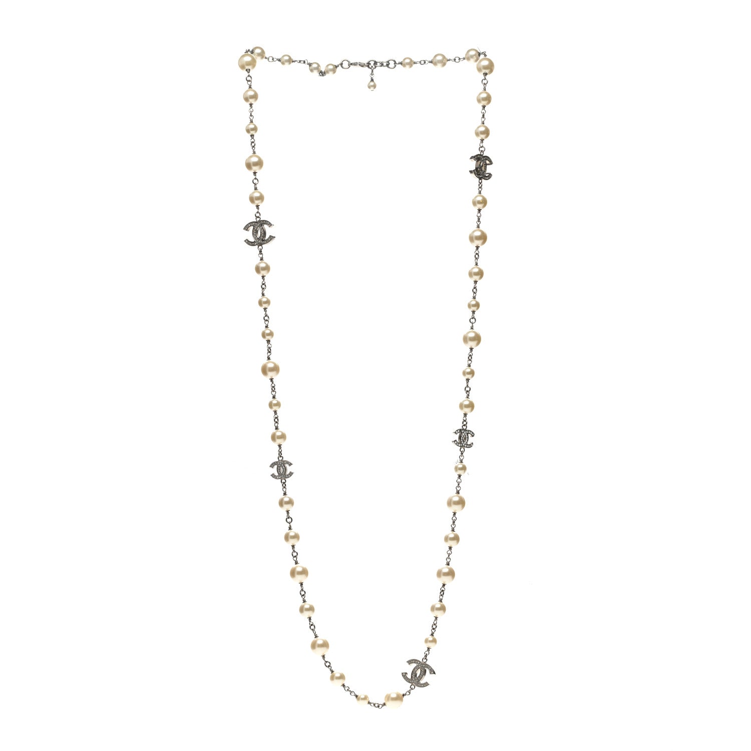 Chanel Graduated Pearl Crystal CC Long Necklace Silver 3 of 6